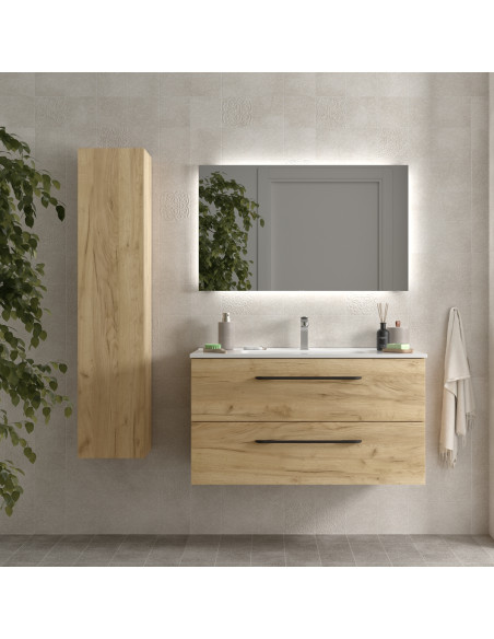 Mobile bagno Morai 100 cm in rovere con maniglia nera  Lavabo in porcellana
