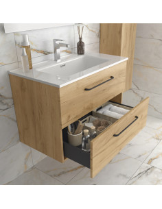 Mobile bagno Morai 100 cm in rovere con maniglia nera  Lavabo in porcellana 2