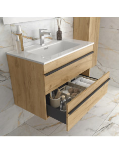 Mobile da bagno serie BORN, 100 cm rovere con profilo maniglia  Lavabo in porcellana 2