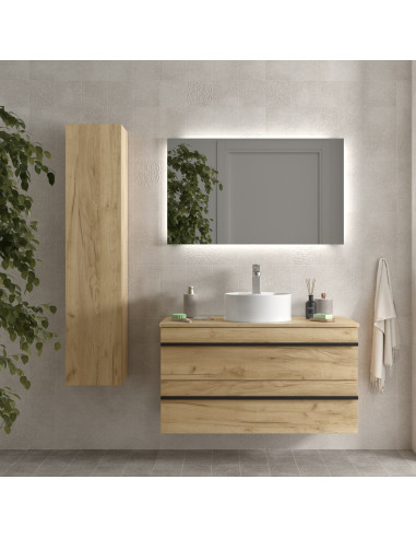 Mobile da bagno serie BORN, 100 cm rovere con profilo maniglia  Lavabo da appoggio