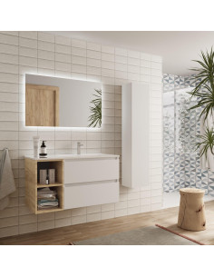 Mobile da bagno Bequia Plus 90 cm 2 cassetti Bianco opaco e mobiletto sinistro 2 vani Rovere con lavabo integrato 2