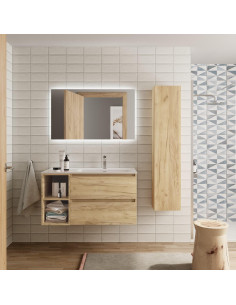 Mobile da bagno Bequia Plus da 90 cm con 2 cassetti e mobile lavabo sinistro a 2 scomparti in rovere con lavabo integrato