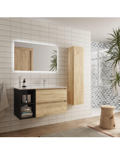 Mobile da bagno Bequia Plus 90 cm 2 cassetti Rovere e mobile lavabo sinistro 2 vani Nero opaco con lavabo integrato 2