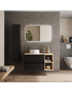 Mobile da bagno Bequia Plus 90 cm 2 cassetti Nero opaco e Rovere 2 fori con lavabo da appoggio