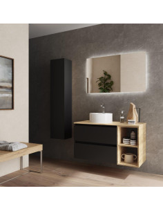 Mobile da bagno Bequia Plus 90 cm 2 cassetti Nero opaco e Rovere 2 fori con lavabo da appoggio 2