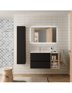 Mobile da bagno Bequia Plus 100 cm 2 cassetti Nero opaco e mobiletto destro 2 vani Rovere con lavabo integrato