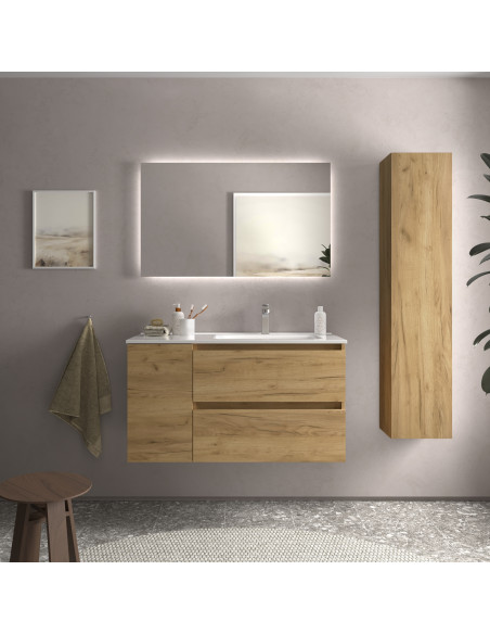 Mobile bagno Bequia 90 cm + 1 mobile lavabo con anta sinistra + lavabo in ceramica  Rovere  90x45x56