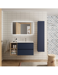 Mobile bagno Bequia 90 cm + mobile lavabo a 2 fori a sinistra + lavabo in ceramica  Blu opaco / Rovere  90x45x56
