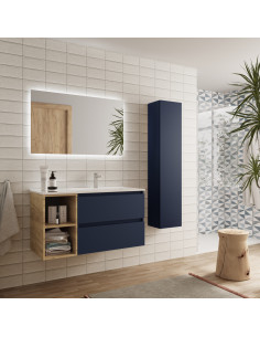 Mobile bagno Bequia 100 cm + mobile lavabo 2 fori a sinistra + lavabo in ceramica  Blu opaco / Rovere  100x45x56 2