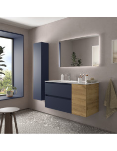 Mobile bagno Bequia 90 cm + mobile lavabo con anta destra + lavabo in ceramica  Blu opaco / Rovere  90x45x56 2