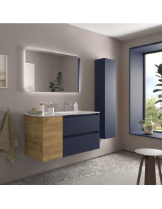 Mobile bagno Bequia 90 cm + 1 mobiletto con anta sinistra + lavabo in ceramica  Blu opaco / Rovere  90x45x56 2