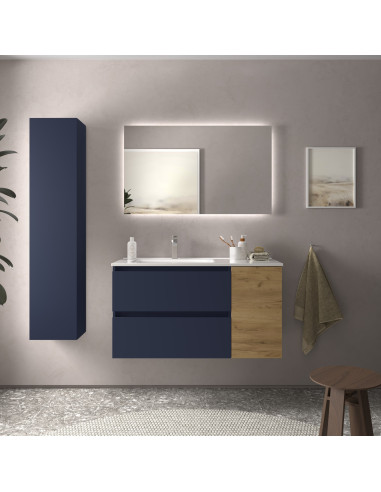 Mobile bagno Bequia 100 cm + 1 mobile lavabo con anta destra + lavabo in ceramica Blu opaco / Rovere 100x45x56